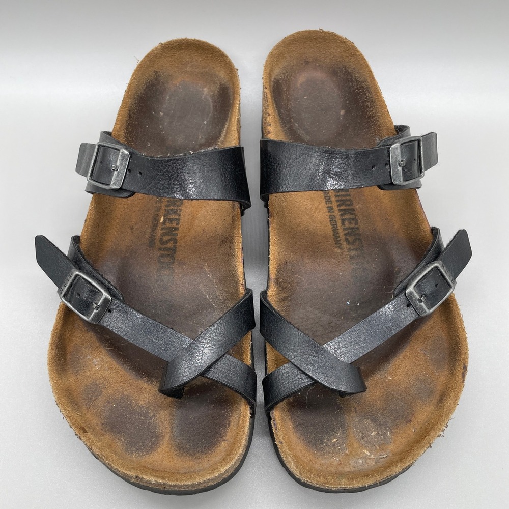 Birkenstock Mayari Sandal Women 38 (US 7) Black Birko-Flor Toe Loop Buckle Slide